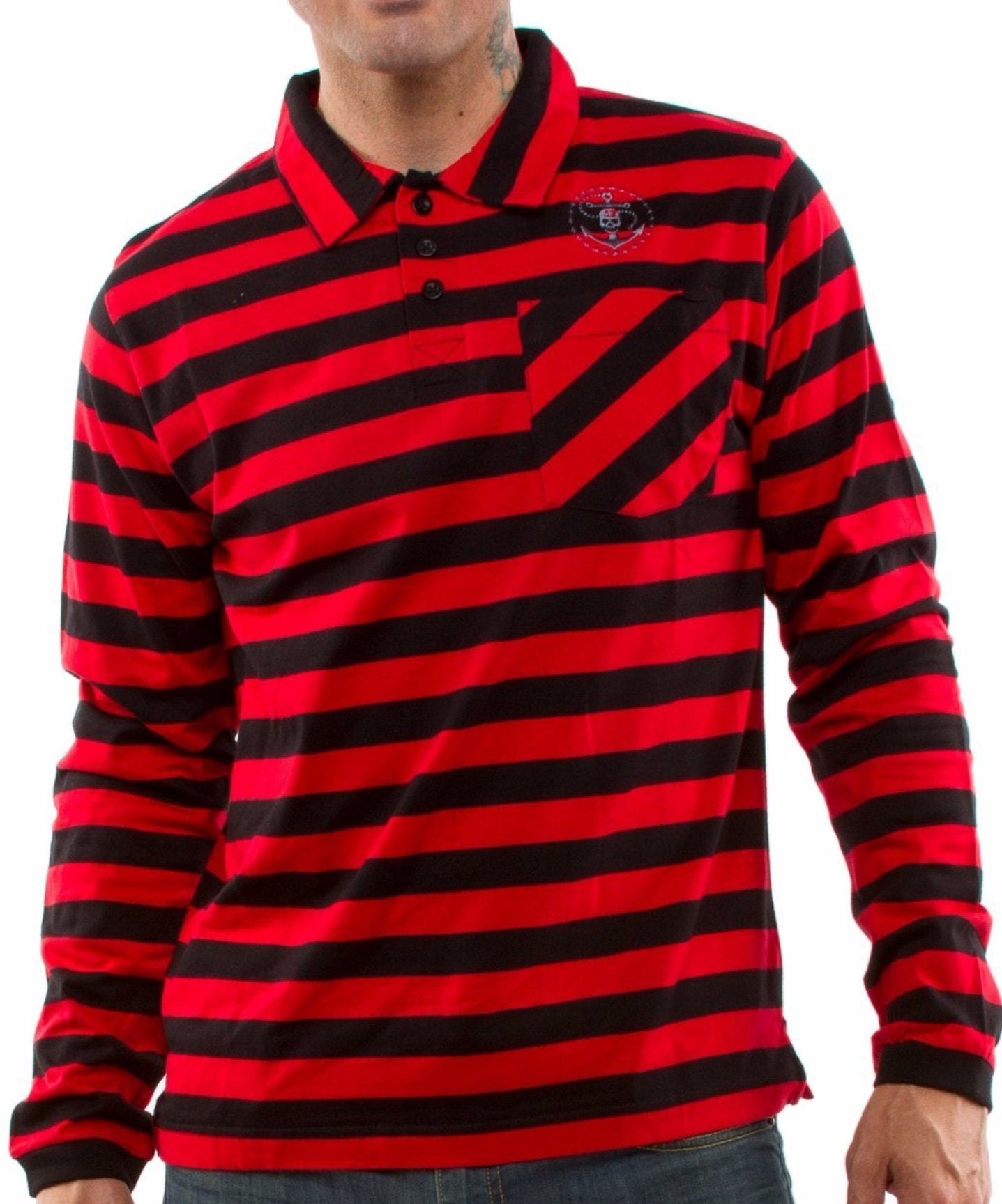 The PRISON BOUND Long Sleeve Striped Polo - BLACK & RED