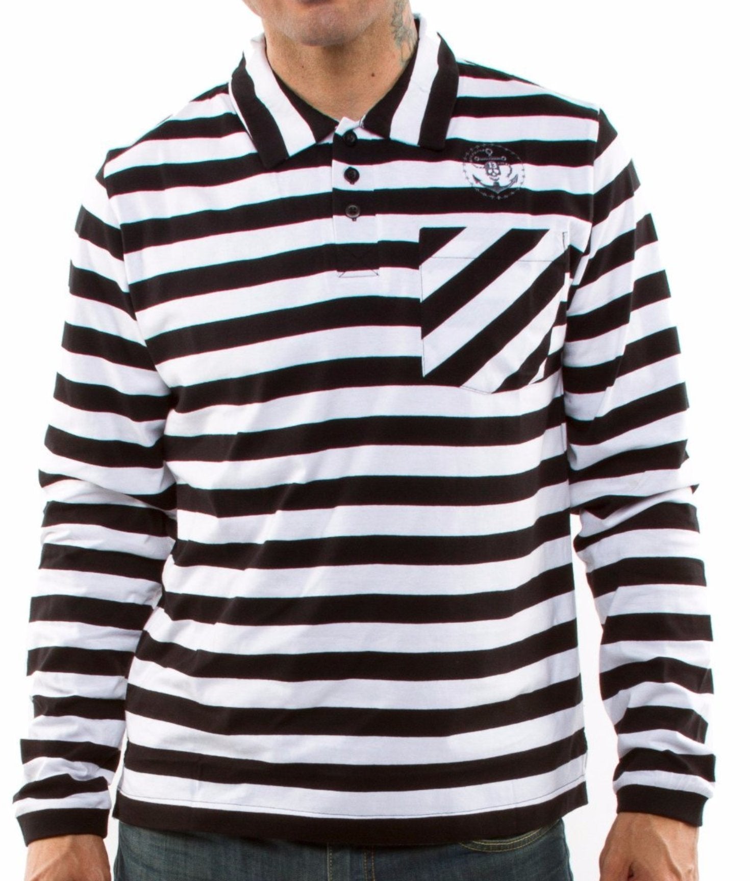 The PRISON BOUND Long Sleeve Striped Polo - BLACK & WHITE