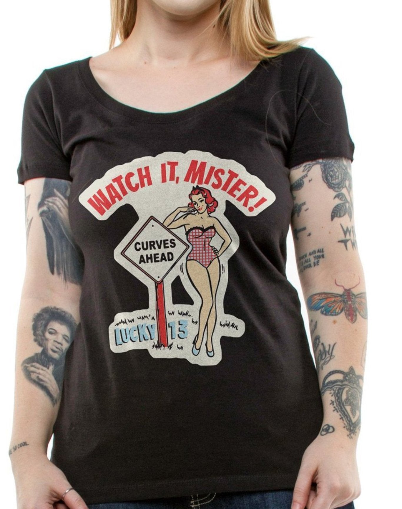 WATCH IT Women’s Scoop Neck Tee by Lucky 13 Black – Grease, Gas And Glory